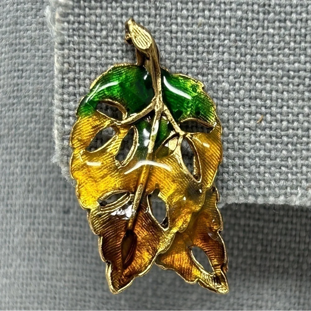 Small Green and Brown Multicolor Enamel Leaf Stud Earrings Fall Foliage